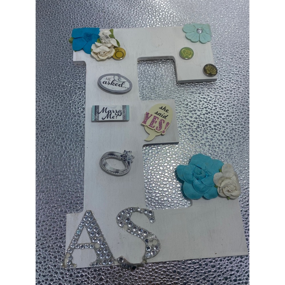 ArtMinds Decorative Wooden Letter E Engagement Wedding Theme White Teal Floral